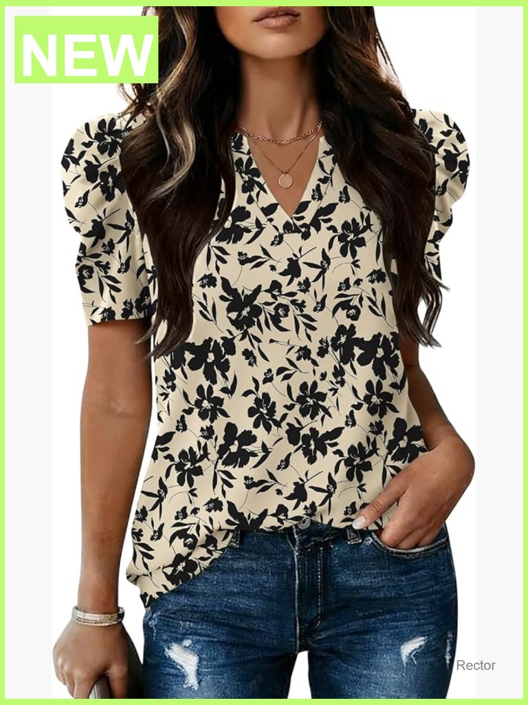V Neck Puff Short Sleeve Blouse Women Casual Blouses Dressy Work Top